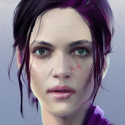 Image similar to portrait of a woman by greg rutkowski, she is about 3 0 years old, messy black bob hair, pale round face, tired eyes, she is wearing a purple nurse jumpsuit, highly detailed portrait, digital painting, artstation, concept art, smooth, sharp foccus ilustration, artstation hq