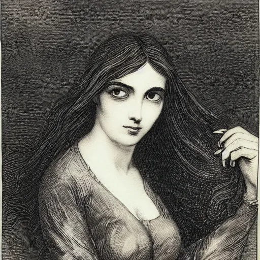 Image similar to portrait of a beautiful woman, gothic, cat eyes, hair waving in the wind, high detail, illustration by gustav dore