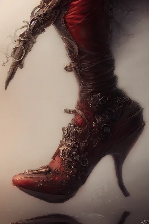 Image similar to red women's boots shoes only, by wlop, by luis royo, by peter mohrbacher, concept art, digital illustration, intricate, masterpiece, elegant, super detailed, unreal engine rendering, smooth, sharp focus, artstation hq