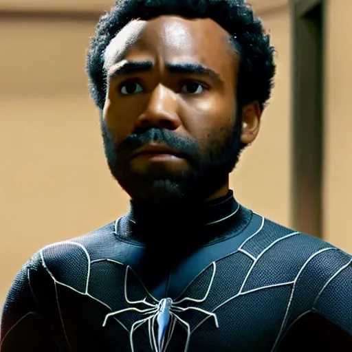 Image similar to Donald Glover as Miles Morales in black Spider-Man suit unmasked, mask off, still from Spider-Man No Way Home, detailed, 4k