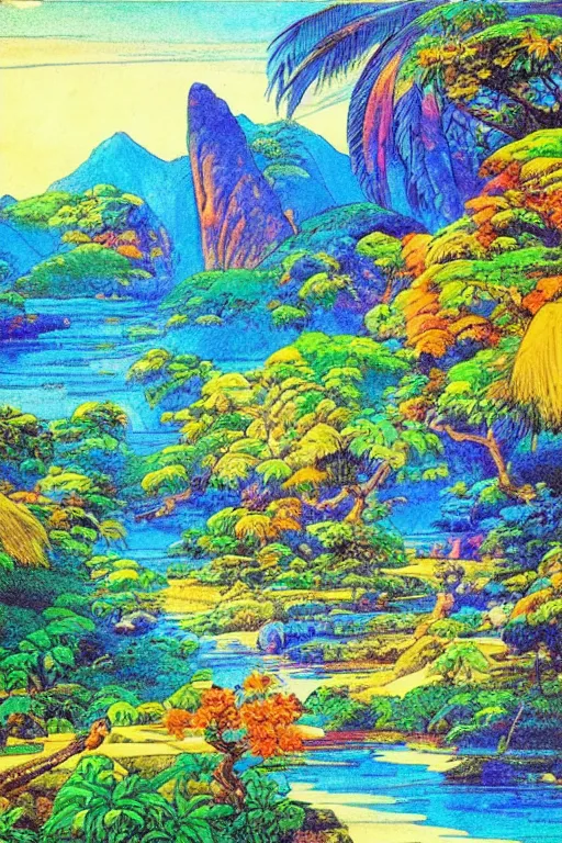Image similar to a 2D drawing of a beautiful Philippine landscape, colorful and exotic by hiroshi yoshida