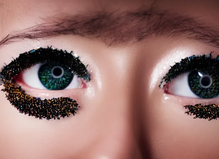 Prompt: high - end cosmetic photography of close up of eyes with sprinkles mascara