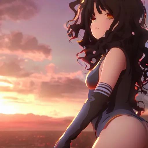 Image similar to a beautiful 3d brown anime girl, brown skin, black curly hair, thick body, Cinematic lighting, medium shot, in a anime masterpiece, highly detailed, Trending on artstation, unreal engine 4k, Cinematic wallpaper