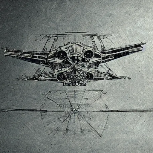 Prompt: x-wing fighter, hyperdetailed, schematic drawing by Leonardo Da Vinci