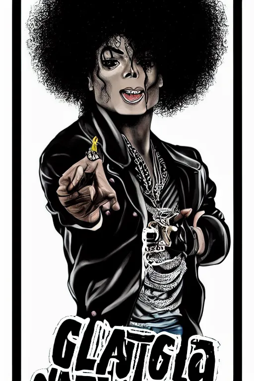 Prompt: gangsta black michael jackson afro poster as a black rapper 1 9 7 0 s, the hood, tattoos, dancing, poster tour, art work, ripped, 6 pack, rapping, grime, michael jackson, uhd, sharp, detailed, cinematic 4 k