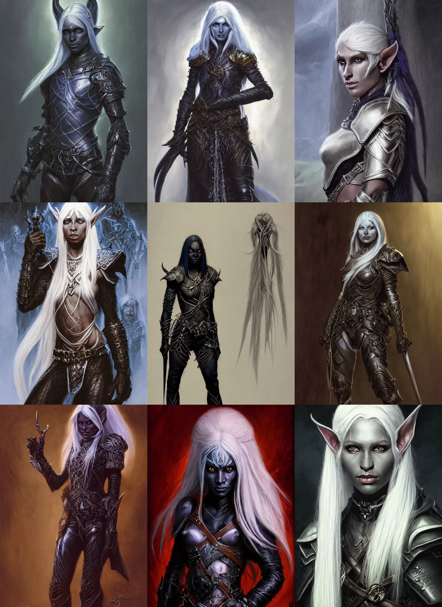 Prompt: a portrait of a female drow elf, pitchblack skin, naive, innocent, worried, long white hair, slick leather armor, style by donato giancola, wayne reynolds, jeff easley dramatic light, high detail, cinematic lighting, artstation, dungeons and dragons