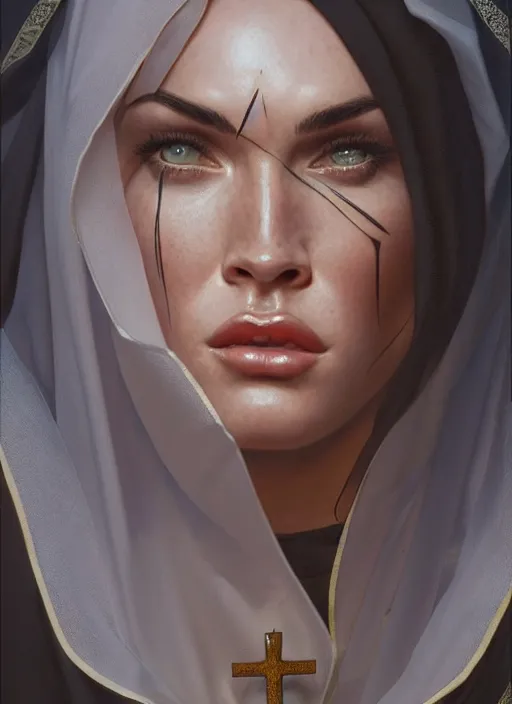 Image similar to portrait of megan fox as a sultry nun, catholic, church, bible, christian, intricate, headshot, highly detailed, digital painting, artstation, concept art, sharp focus, cinematic lighting, illustration, art by artgerm and greg rutkowski, alphonse mucha, cgsociety