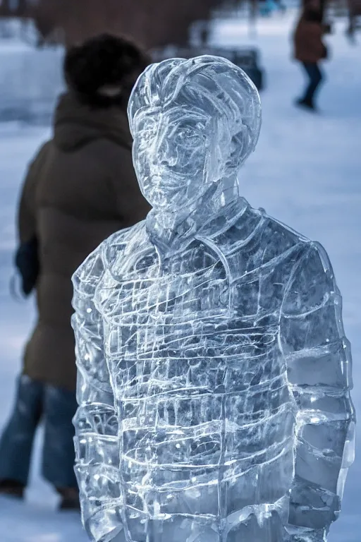 Image similar to transparent ice sculpture of man in sportswear jacket, intricate sculpture, cold, winter, street photo