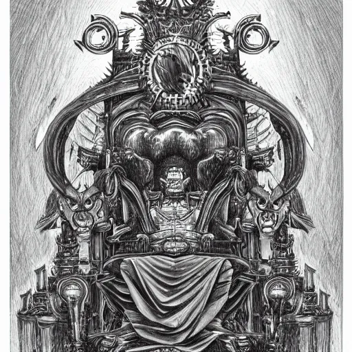 Image similar to pencil illustration. the emperor on his golden throne. 4 0 k. body horror.