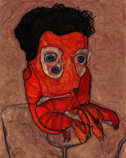 Image similar to portrait of an anthropomorphic lobster by egon schiele in the style of greg rutkowski