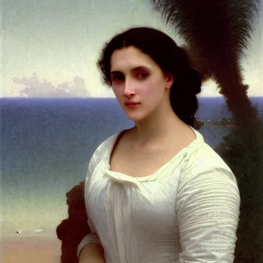 Image similar to A portrait of a woman in a long white dress in front of an ocean with overcast skies, backlit, painting by William-Adolph Bouguereau