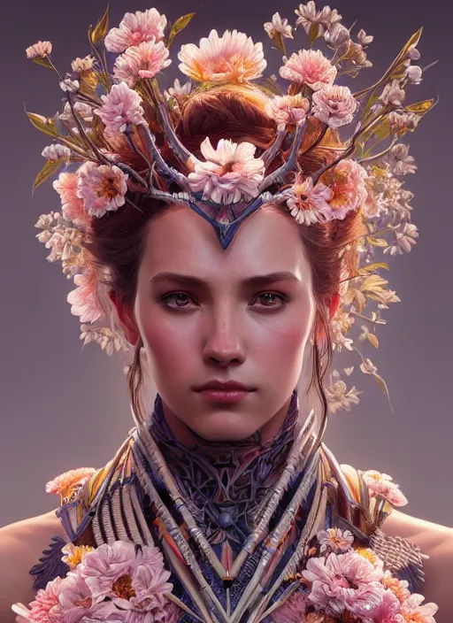 Image similar to symmetry!! portrait of floral! horizon zero dawn machine, intricate, elegant, highly detailed, digital painting, artstation, concept art, smooth, sharp focus, illustration, art by artgerm and greg rutkowski and alphonse mucha, 8 k