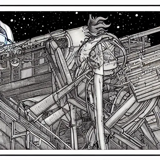 Prompt: A man and his ship, pen and ink, computer coloring :: A manga masterpiece by Mark Crilley in the style of Akira :: oil painting by James Gurney