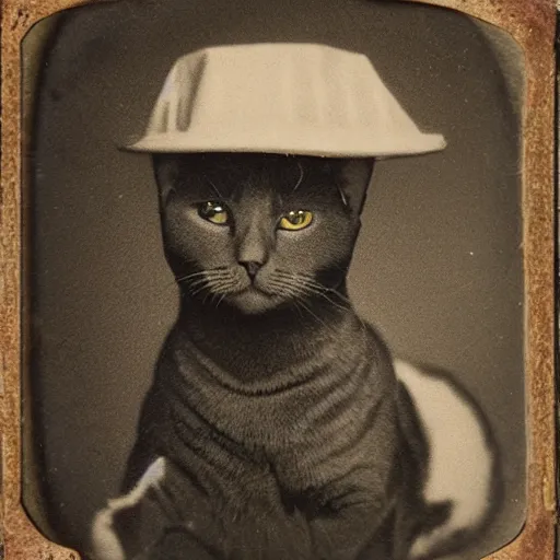 Prompt: ambrotype of a cat wearing a hat.