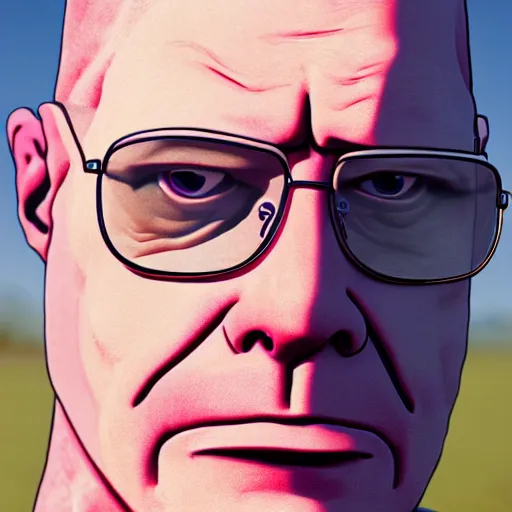 Image similar to Portrait of Hank Hill in Breaking Bad, splash art, movie still, cinematic lighting, dramatic, octane render, long lens, shallow depth of field, bokeh, anamorphic lens flare, 8k, hyper detailed, 35mm film grain