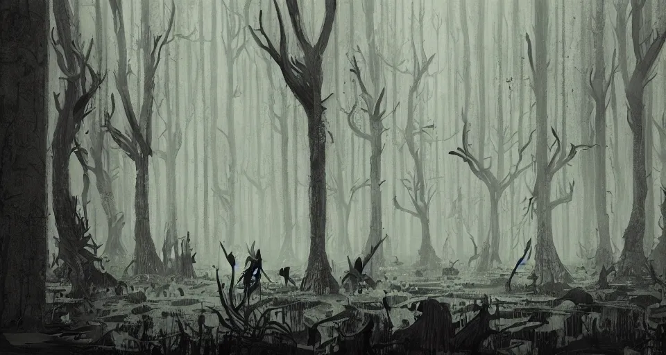 Prompt: A dense and dark enchanted forest with a swamp, by Ian McQue