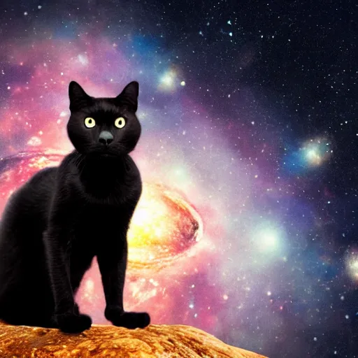 Image similar to ultrarealistic black cat, standing on a planet, galaxies background, powerful