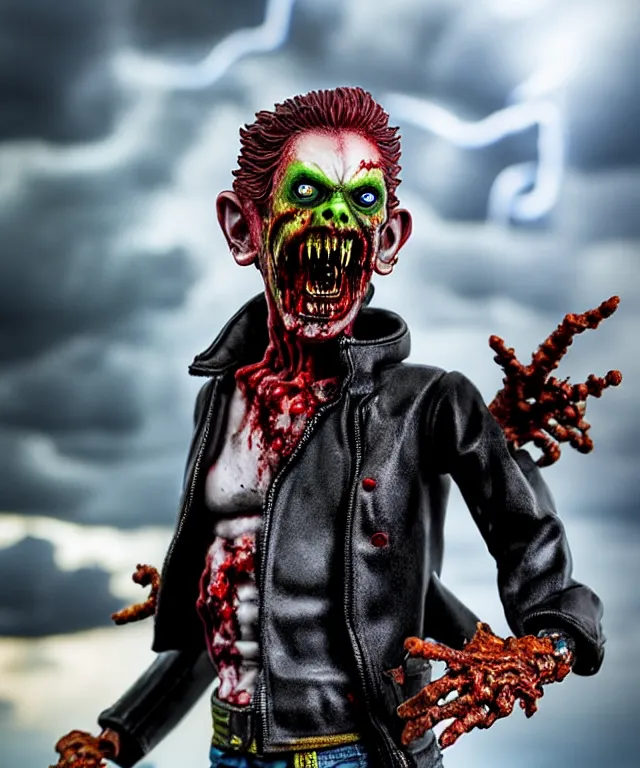 Image similar to hyperrealistic rendering, epic boss battle, punk rock zombie, by art of skinner and richard corben, product photography, collectible action figure, sofubi, hottoys, storm clouds, outside, lightning