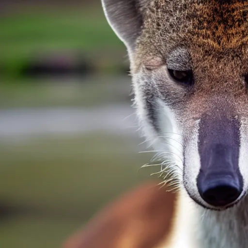 Prompt: close up photo of a rare thylacine, drinking water from a lake in tasmania, bokeh, 1 0 0 mm lens, 4 k award winning nature photography. masterpiece