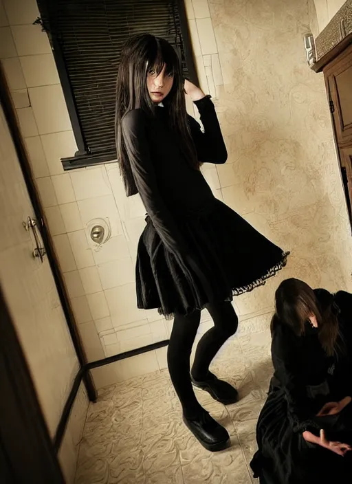 Prompt: a 1 4 year old girl eveline from resident evil 7 with straight long black hair wearing black dress that sitting on bathroom floor