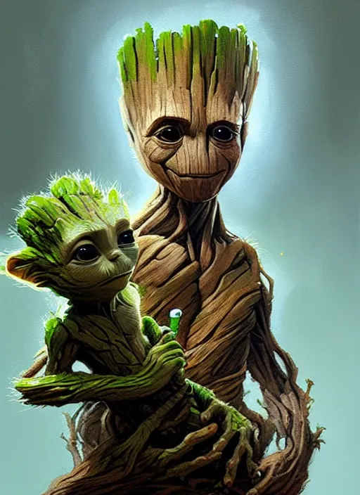 Image similar to very detailed masterpiece painting of groot holding yoda, portrait, artstation, concept art by greg rutkowski