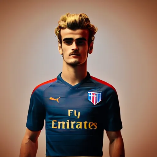 Image similar to a realistic detailed photo of a guy who is an attractive humanoid who is half robot and half humanoid, who is a male android, soccer player antoine griezmann, shiny skin, posing like a statue, blank stare, in a living room, on display, showing off his muscles