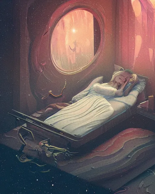 Image similar to beautiful painting of a elven sleeping on her bed, poster art by mor than, cgsociety, space art, sci - fi, cosmic horror, sense of awe, art by mike winkelmann, sky night, illustration, highly detailed, simple, smooth and clean vector curves, no jagged lines, vector art, smooth, artstation