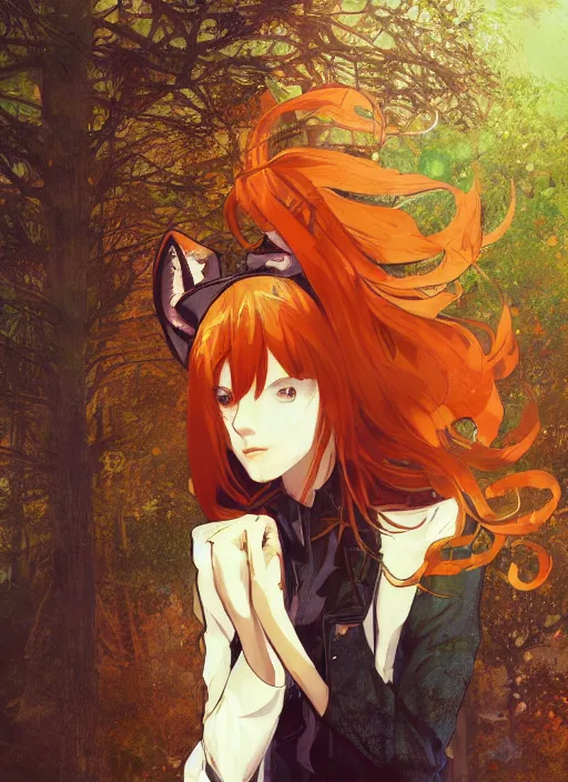 Image similar to girl with fox ears, long wavy orange hair, light brown trenchcoat, forest background, focus on face, pretty, moody lighting, painterly, illustration by shigenori soejima