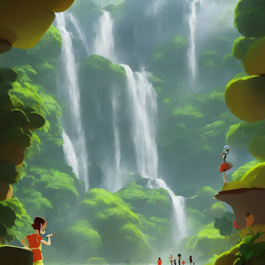 Image similar to Goro Fujita illustrating Front view of a gigantic waterfall surrounded by the Amazon, there are no animals or people, only vegetation, concept art, sharp focus, ArtStation