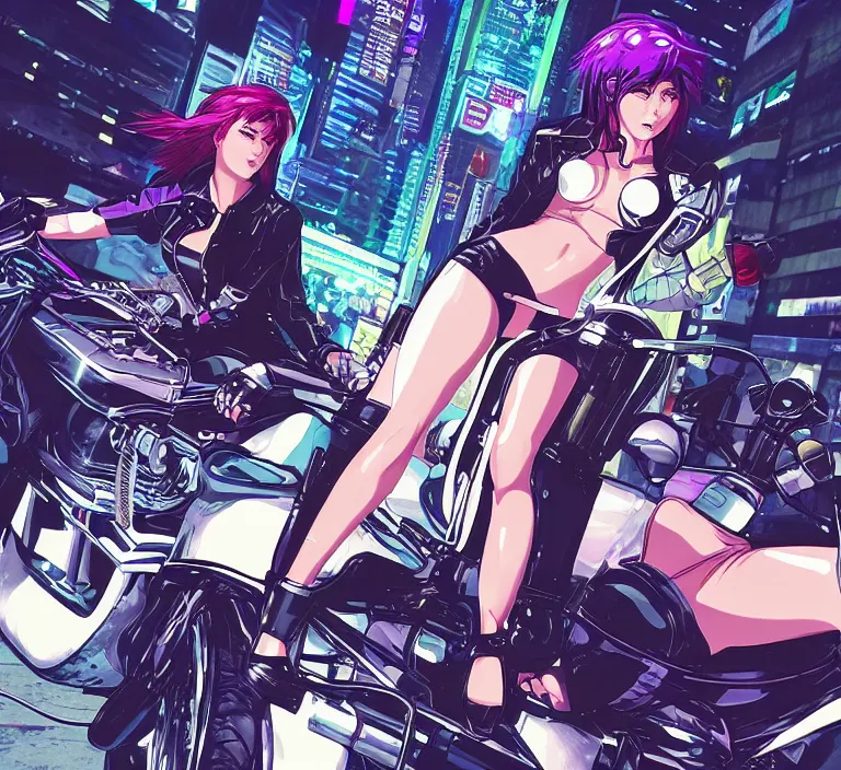 Image similar to motoko kusanagi riding a cyberpunk vehicle in a grungy cyberpunk megacity, bosozoku gang war, cyberpunk vaporwave, by phil jimenez, artgerm, sola digital arts, anti aliasing, raytracing