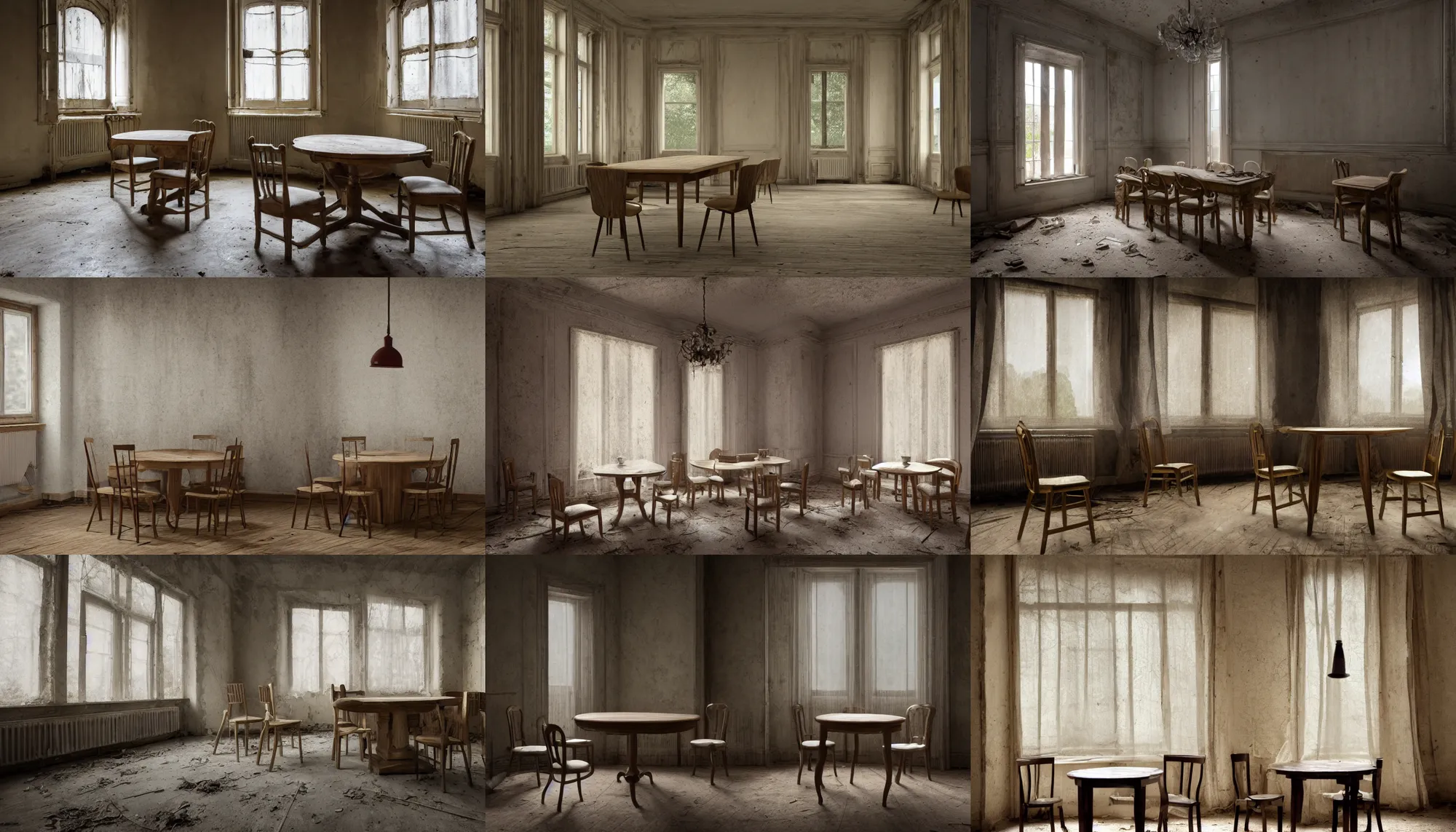 Prompt: pierre chapo style oak table with chairs with a serge mouille style wall lamp, in an old 3 0's abandoned rich manor, light through dusty broken windows, old curtains, dusty floor, dirts on the floor, wind, hyperdetailed, artstation, cgsociety, 8 k