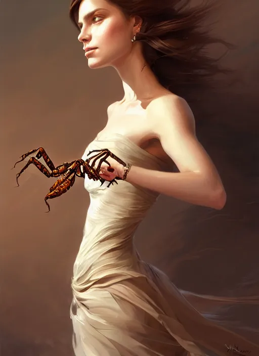 Image similar to portrait of a woman with brown hair wearing a flowing dress, holding her hand out with a scorpion on the hand, intricate, elegant, highly detailed, digital painting, artstation, concept art, smooth, sharp focus, illustration, art by wlop, mars ravelo and greg rutkowski