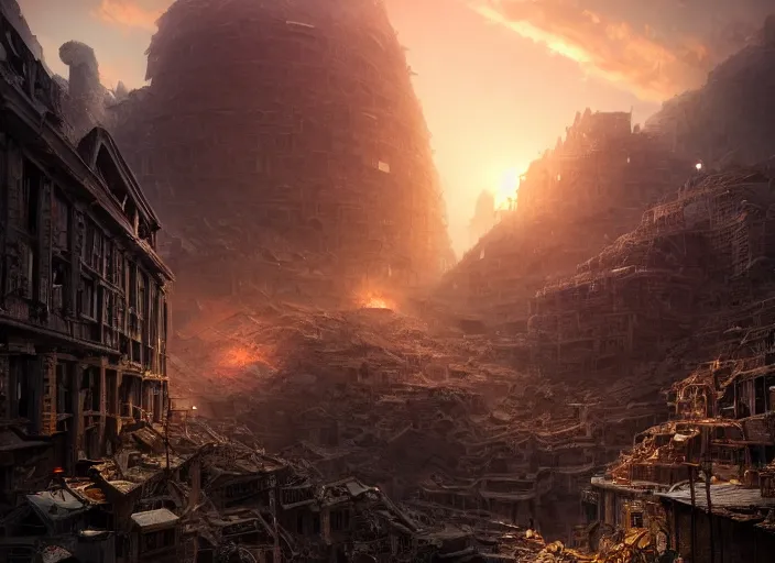 Prompt: highly detailed macro shot of rubble city with male explorer up close, rule of thirds, cinematic view, epic sky, detailed, concept art, low angle, high detail, warm lighting, volumetric, godrays, vivid, beautiful, trending on artstation, by jordan grimmer, huge scene, art greg rutkowski