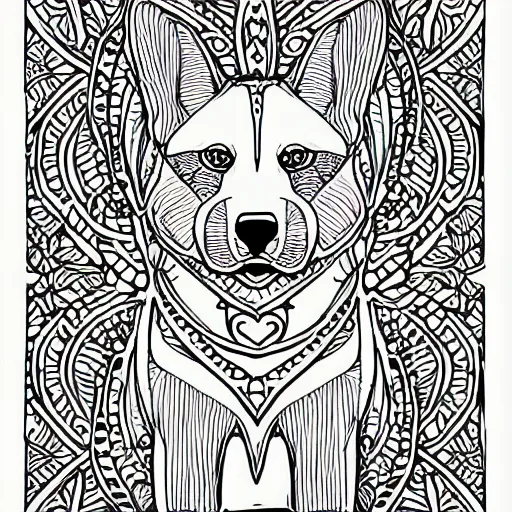 Prompt: Black and white coloring book page of a Shiba Inu