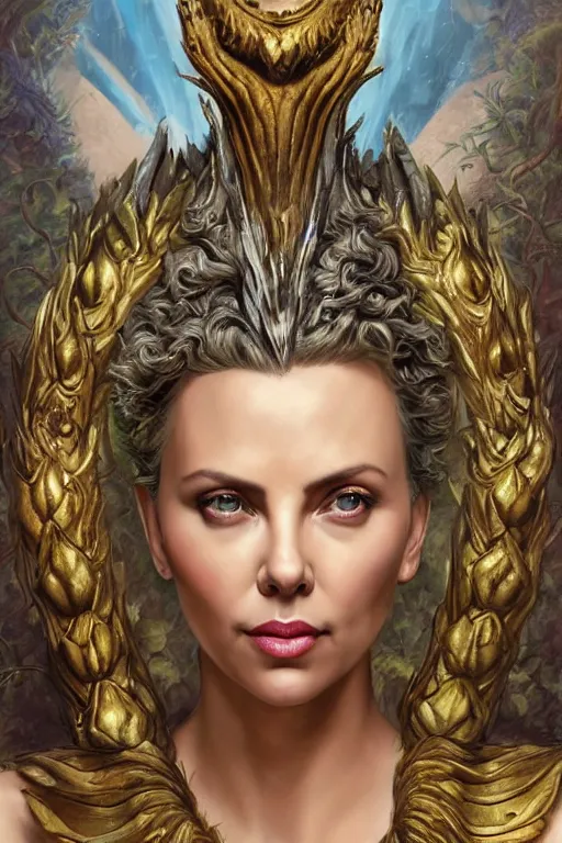 Image similar to A fantasy comic book style portrait painting of Charlize Theron, Scarlett Johansson, as an Atlantean Reptilian Warrior, Mystical Valkyrie, François Boucher, Oil Painting, unreal 5, DAZ, hyperrealistic, octane render, Regal, Refined, Detailed Digital Art, RPG portrait, William-Adolphe Bouguereau, Michael Cheval, Walt Disney (1937), Steampunk, dynamic lighting, Highly Detailed, Cinematic Lighting, Unreal Engine, 8k, HD