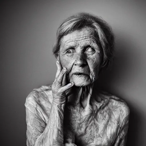 Image similar to scarred older woman, faded beauty, fragile optimism