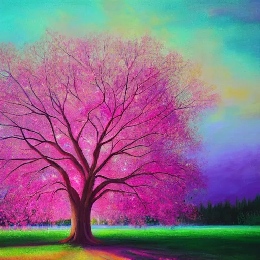 Image similar to big tree panting pink light