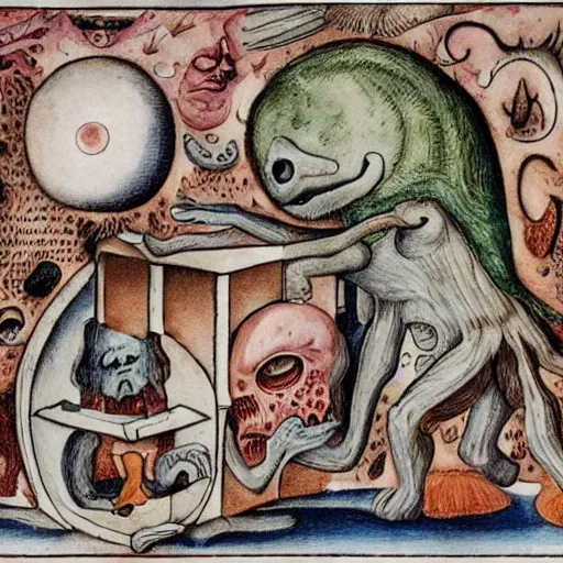 Prompt: uncanny monsters of the imagination in a surreal alchemical manuscript