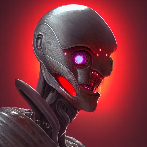 Image similar to sophisticated portrait of glowing, warm, reddish, atmospheric, misty, leds, futuristic cybernetic warrior alien in profile, highly intricate, detailed humanoid, trending on artstation