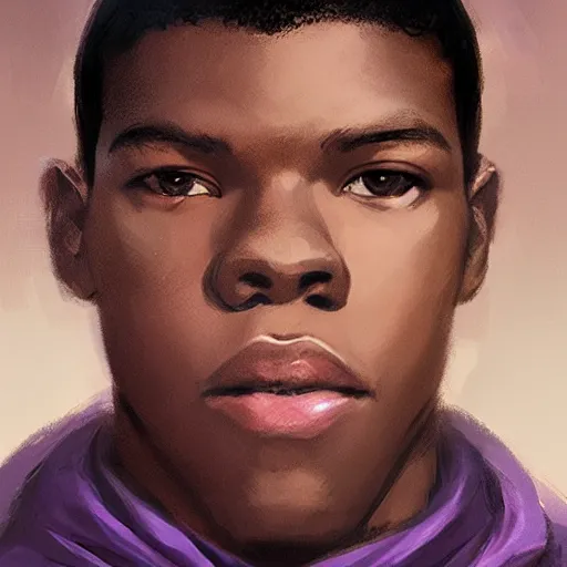 Image similar to portrait of a man by greg rutkowski, young jedi kinght that looks like john boyega, wearing purple and black robes, star wars expanded universe, he is about 3 0 years old, highly detailed portrait, digital painting, artstation, concept art, smooth, sharp foccus ilustration, artstation hq