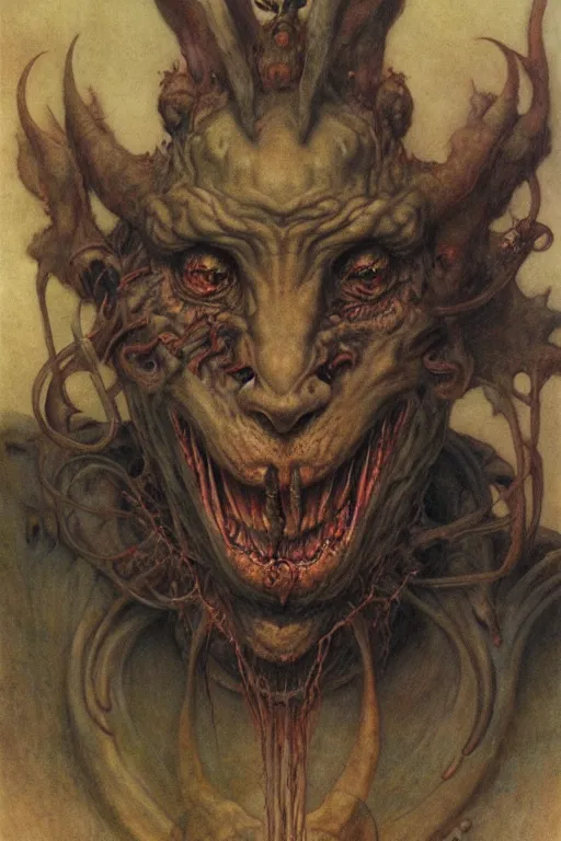 Prompt: a portrait of goetoc demon bune by wayne barlowe, gustav moreau, goward,  Gaston Bussiere and roberto ferri, santiago caruso, and austin osman spare, ((((occult art))))