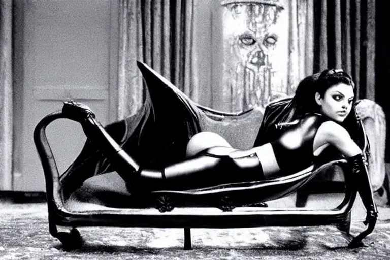 Image similar to publicity photograph of Mila Kunis as Catwoman on a chaise lounge|batman returns 1992