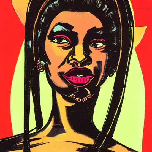 Prompt: black woman with horns, retro 1970s art style