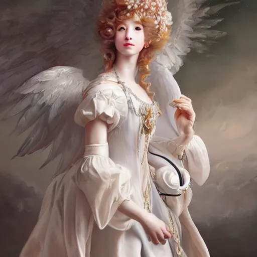 Image similar to A masterpiece portrait of a royal princess baroque rococo girl with tall white amazing victorian wig with angel wings. trending on artstation, digital art, by Stanley Artgerm Lau, WLOP, Rossdraws, James Jean, Andrei Riabovitchev, Marc Simonetti, Yoshitaka Amano