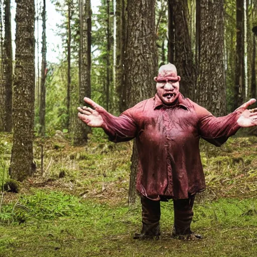 Image similar to big butcher man posing scarily, earie setting, in a forest, horror, hyperdetailed