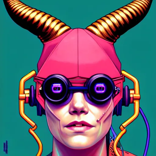 Image similar to portrait painting of a cyberpunk hacker muscular emma stone with two big horns on her head, sharp focus, award - winning, trending on artstation, masterpiece, highly detailed, intricate. art by josan gonzales and moebius and deathburger