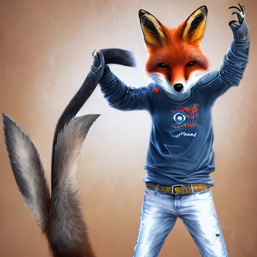 Image similar to A fox wearing a t-shirt and jeans, energetic, dynamic, digital art, highly detailed, FurAffinity, digital fantasy art, 3d