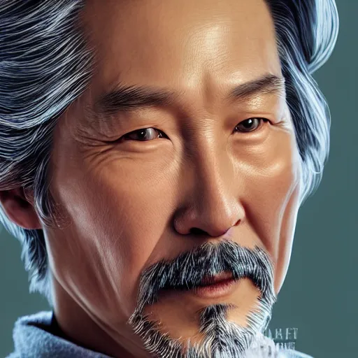 Image similar to portrait painting of a 6 0 year old kind handsome taoist priest ， looks like keanu reeves ， silver ponytail hair, amiable by yangjun chen, nadar, bright colors, octopath traveler, unreal engine 5 highly rendered, global illumination, radiant light, detailed and intricate environment