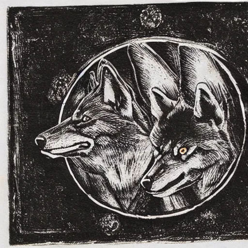 Prompt: wolf with three heads iconography old occult runes intaglio etching engraving alchemy ink witchcraft