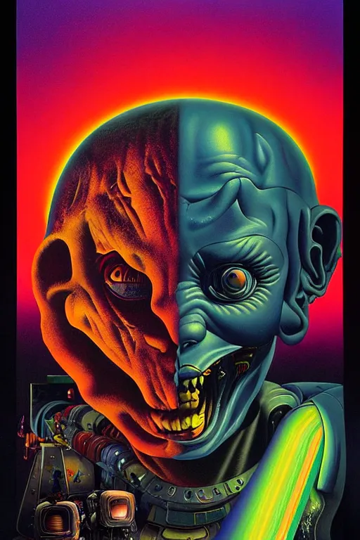 Prompt: a hyperrealistic painting of a cinematic space opera horror by chris cunningham, lisa frank, richard corben, highly detailed, vivid color,